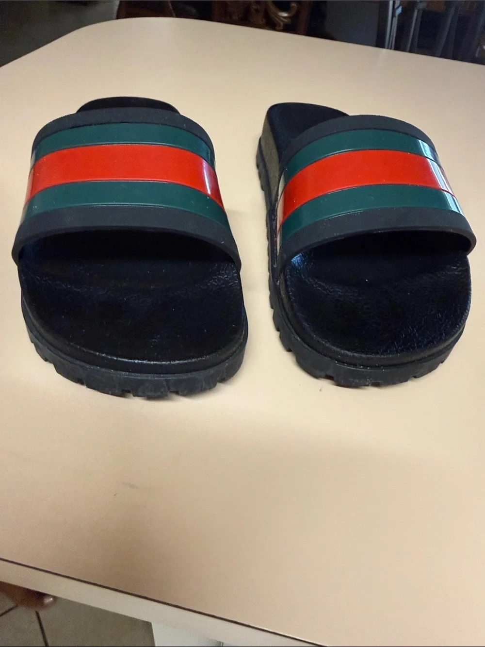 Gucci Black Slide Sandals with Red and Green Stripes
